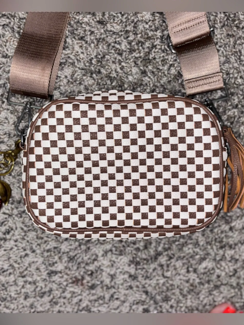 Women’s Checker Crossbody Bag in Brown and White with Adjustable Strap